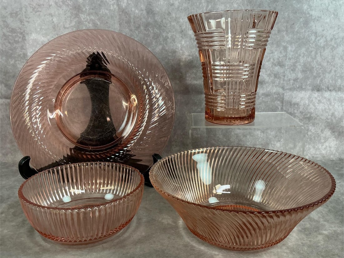 Pink Depression Glass: Four early 1900's pink Depression Glass. Anchor Hocking basket weave vase, large pink "Diane" bowl, and small Queen Mary pattern bowl. Pink depression shallow serving bowl, has hairline cracks. Otherw