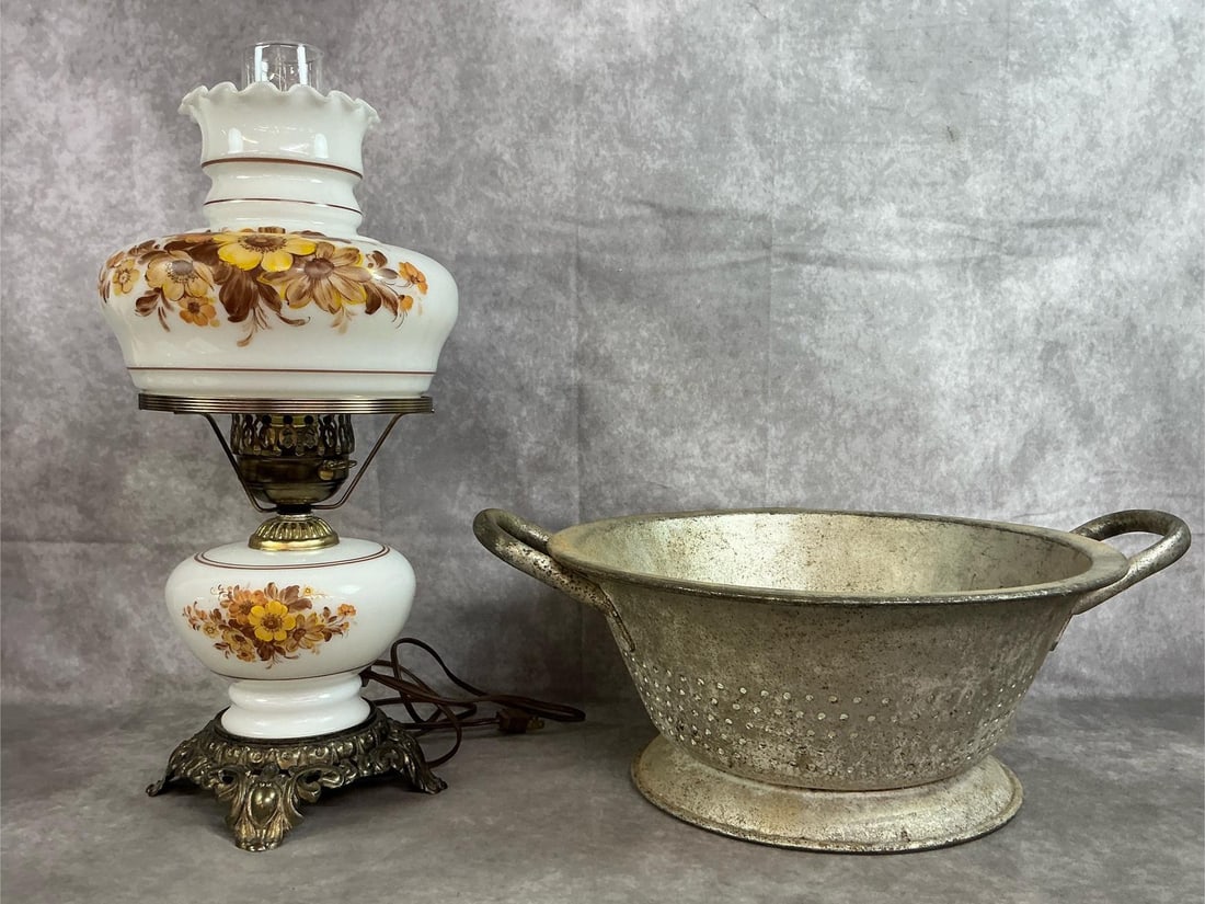 Hurricane Lamp & Colander: Mid Century Gone With the Wind hurricane two way electric parlor lamp. Tested and works both base and top light up. Vintage metal primitive farmhouse colander. Both in good condition. Lamp measures 9 