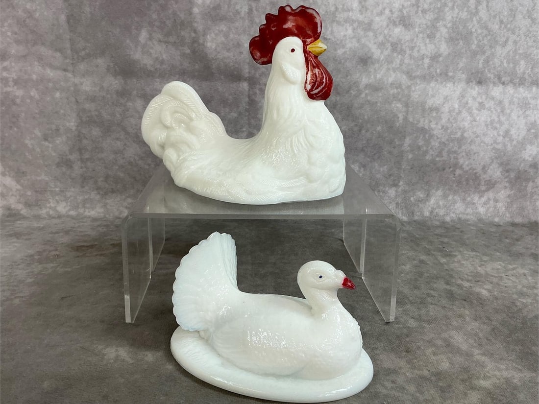 Rooster & Turkey Candy Dish Covers: Two mid 1900's candy dish tops in white milk glass. Rooster is Westmoreland with red comb and eyes, Turkey has red beak and black eyes. Some paint loss, otherwise in good condition. Rooster measures 7