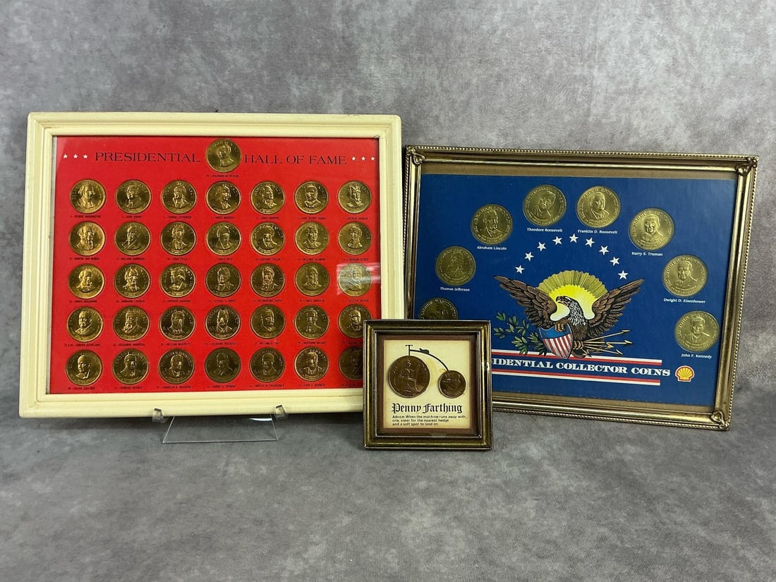 Coin Collectors Treasures: 1968 Franklin Mint bronze medals of Presidential Hall of Fame, 1992 Shell Oil Company Presidential Collector Coin Token set, and vintage British Penny Farthing coin art. All in good condition. Largest