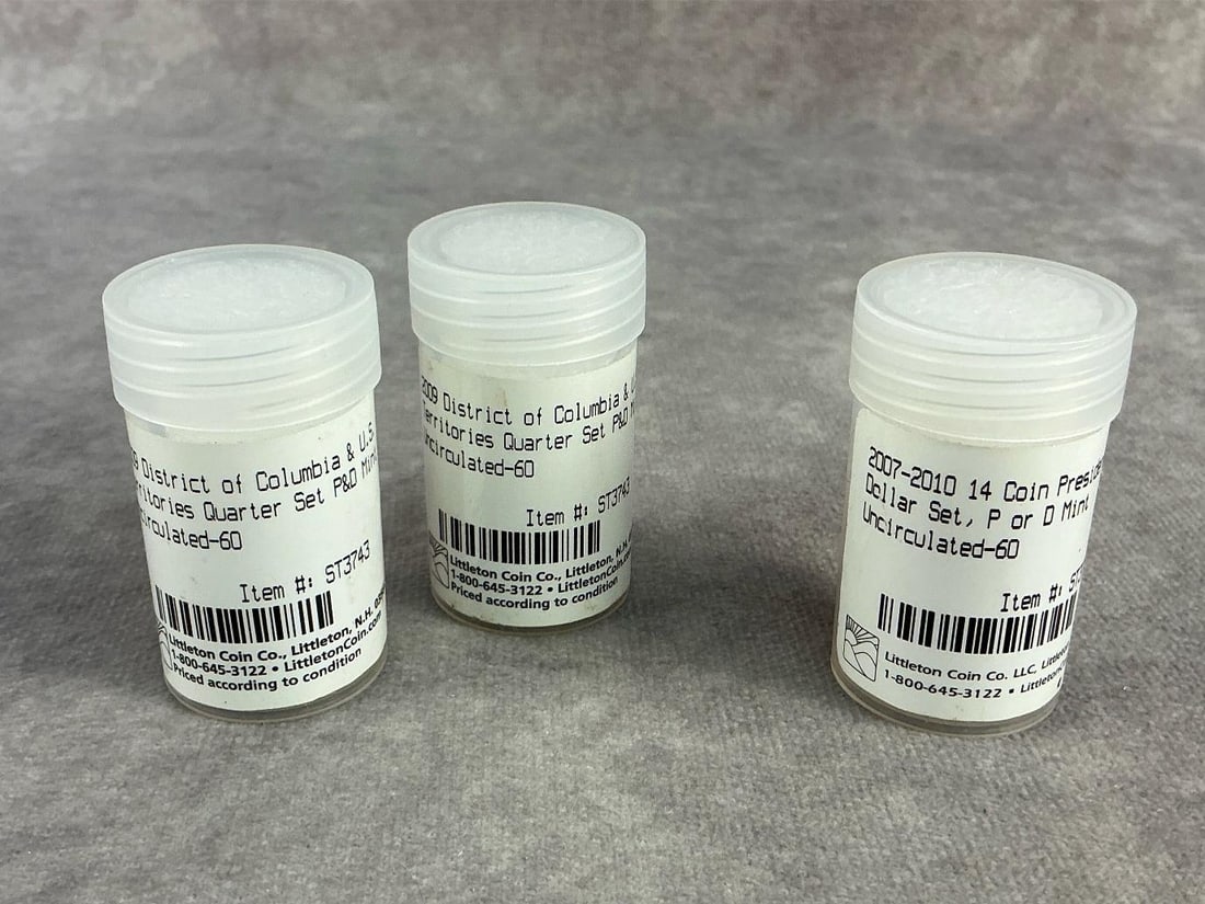 Uncirculated Coins: Twenty four 2009 District of Columbia and US Territories Quarters and fifteen 2007-2010 presidential dollar coins. All in original tubes and uncirculated condition. Each tube is 1.25 inches in