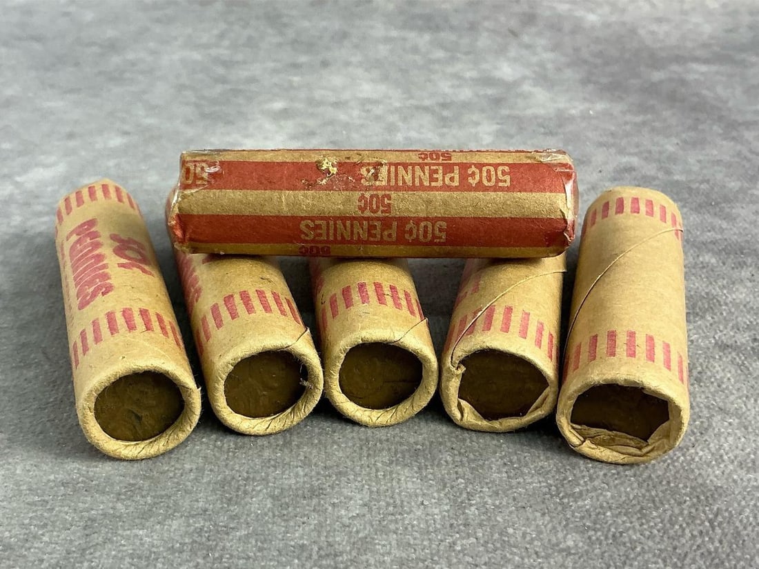 Wheat Pennies: Six rolls of unsearched wheat pennies, visible years include 1947, 1957, 1951, 1946, 1950. Total weight