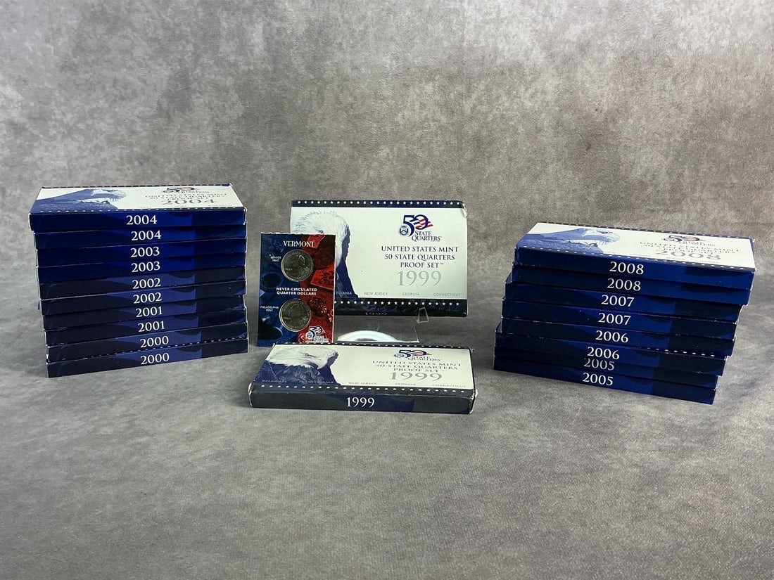 Proof Sets: Twenty United States proof sets dated 1999 through 2008, from Denver and Philadelphia mint. All in good condition. Each measures 5.5 inches wide x 3.5 inches tall.
