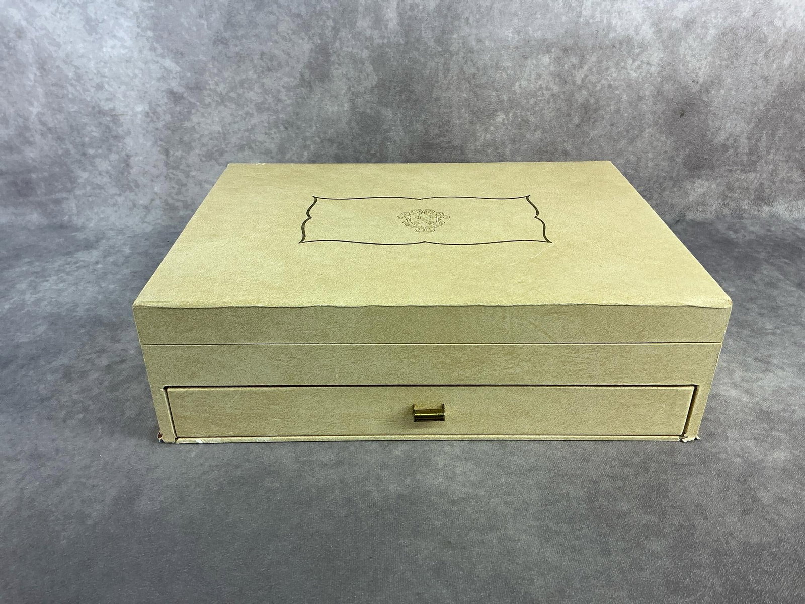 Silverware Chest & More: Silverware chest including silver plate serve ware and steak knives. All in fair to good condition. Chest measures 14.5 inches wide x 10.75 inches x 4.25 inches tall.