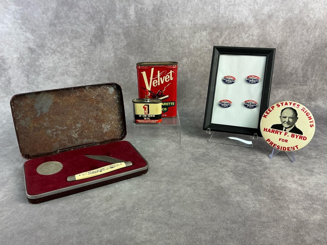SnapOn, Ford & More: 60th anniversary Snap on limited edition three blade stockman pocket knife, four Ford Drive pinback buttons, 1956 presidential election campaign pin, and more. All in fair to good condition