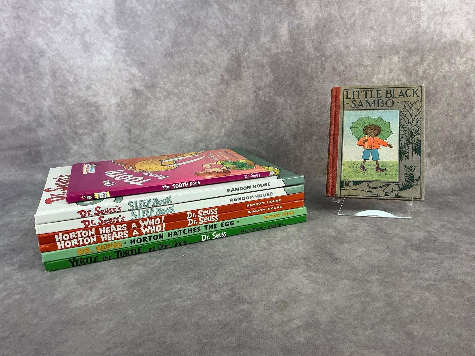 Little Black Sambo & Dr Seuss: 1929 Weebooks for Weefolks print of The Story of Little Black Sambo and seven Dr Seuss books from the 1990s. Printed in the United States, and in good condition. Sambo Book measures 4.25 inches wide