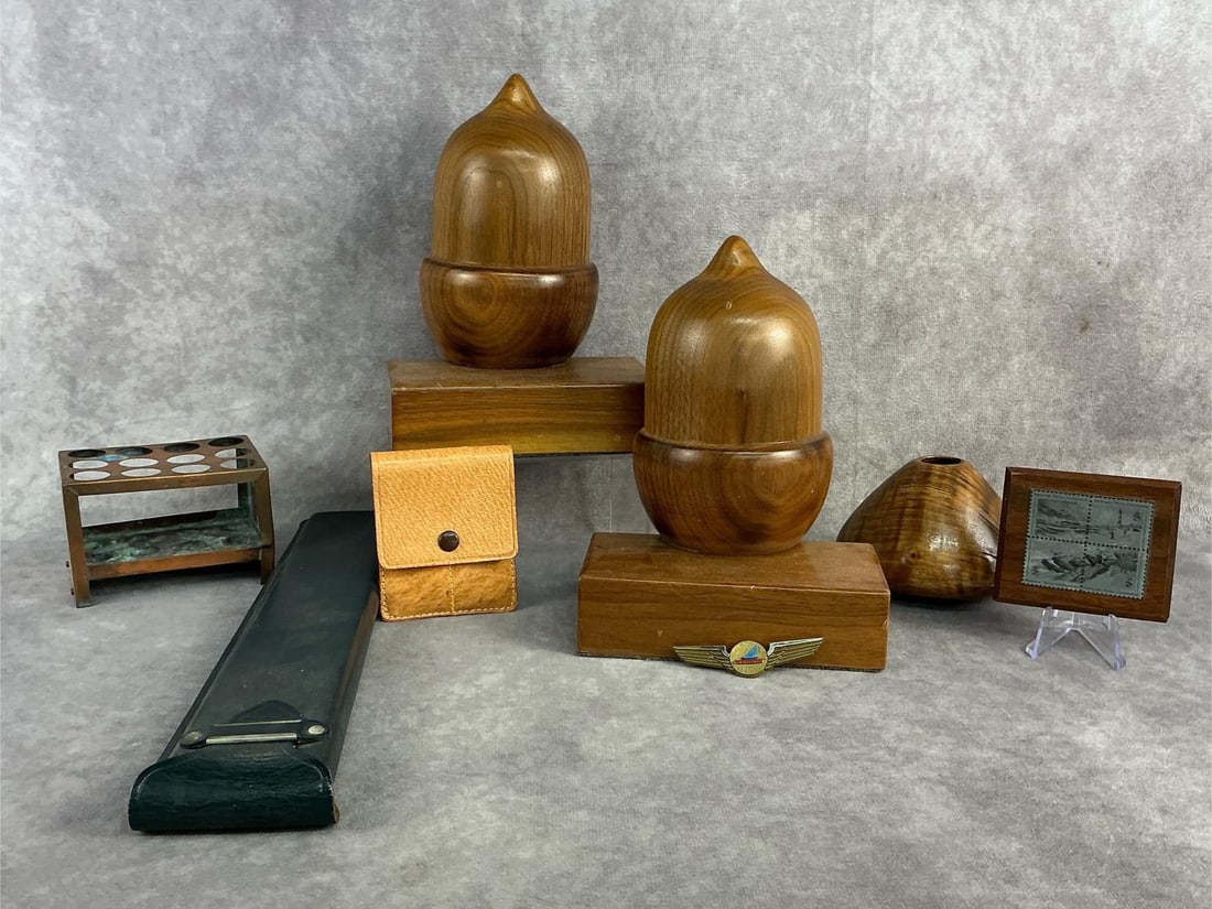 Wood Finds & More: Pair of wood bookends with acorn design, copper test tube holder, piedmont flight pin, and more. All in good condition. Each bookend measures 5.5 inches wide x 7.25 inches tall.