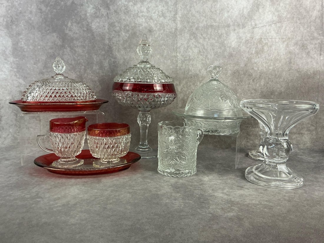 Indiana Glass & Bohemia Crystal: 1960s Indiana glass red flash trim creamer, sugarer, butter dish, and pedestal candy dish, two vintage Bohemia Crystal pillar candle holders from Czech Republic and more. All in good condition with so