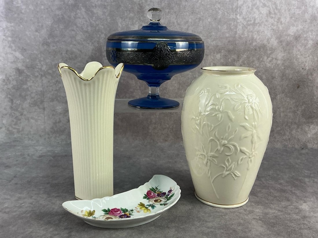 Lenox & More: Two Lenox vases, Mitterteich crescent shaped dish, and bohemian compote bowl. All in good condition. Largest vases measures 3 inches wide x 7.5 inches tall.