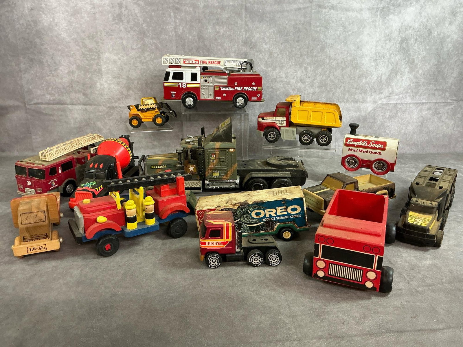 Toy Trucks: All in fair to good condition. DLX tractor trailer measures 13.75 inches long x 5 x 6 inches tall.