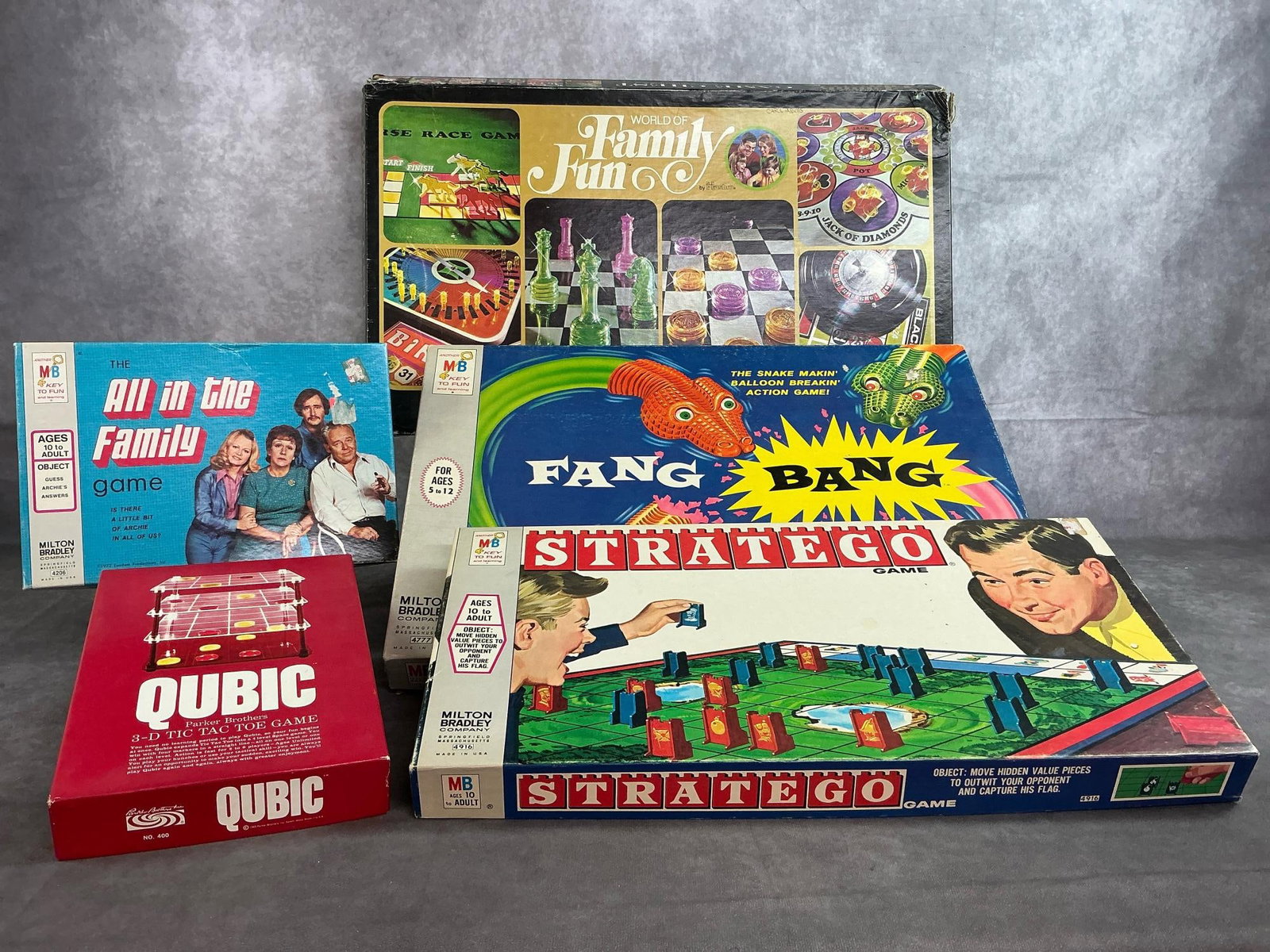 Family Fun Games Fang Bang & More: Five 1970's family board games including All in fair to good condition, contents not verified. Family Fun Game Measures 22.75 inches long x 13.5 x 2 inches tall.