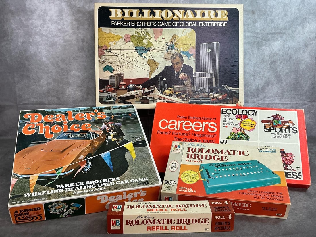 Family Boardgames: Vintage family boardgames including Billionaire, Dealer's Choice, Careers, Coloration Bridge and one refil roll. Pieces to verified. All in good condition. Billionaire game measures 20 inches long x