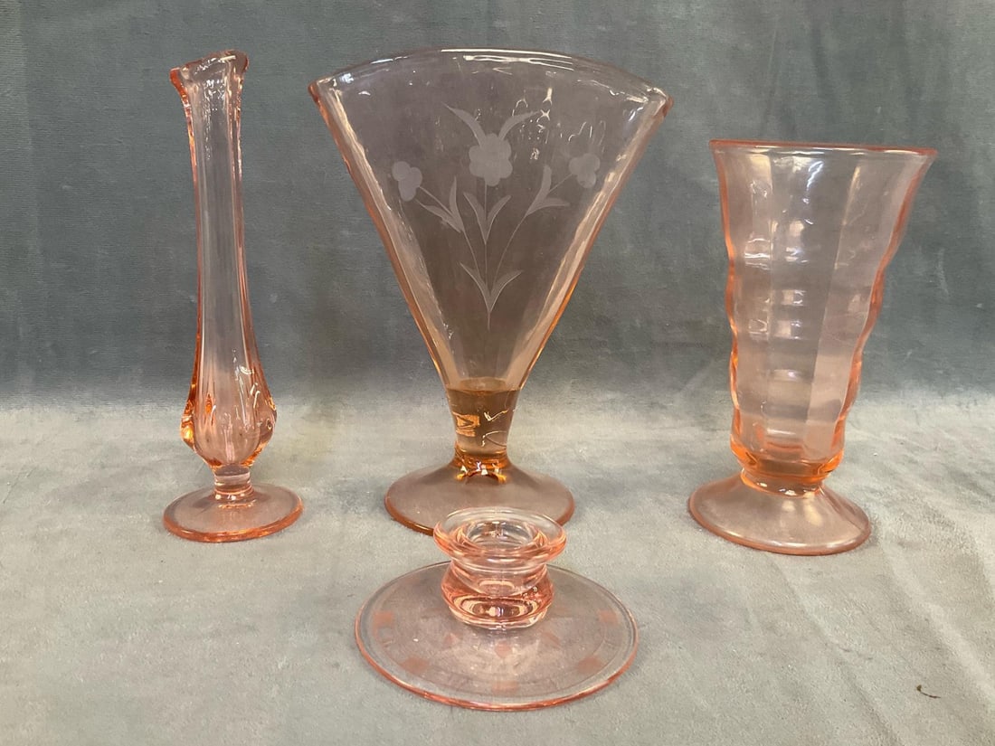 Depression Style Glass: Four pieces of mid-20th century pink Depression style glass consisting of; One etched fan vase, two vases and one etched candle holder. Good condition. Fan vase measures 6.25 inches wide x 8.75