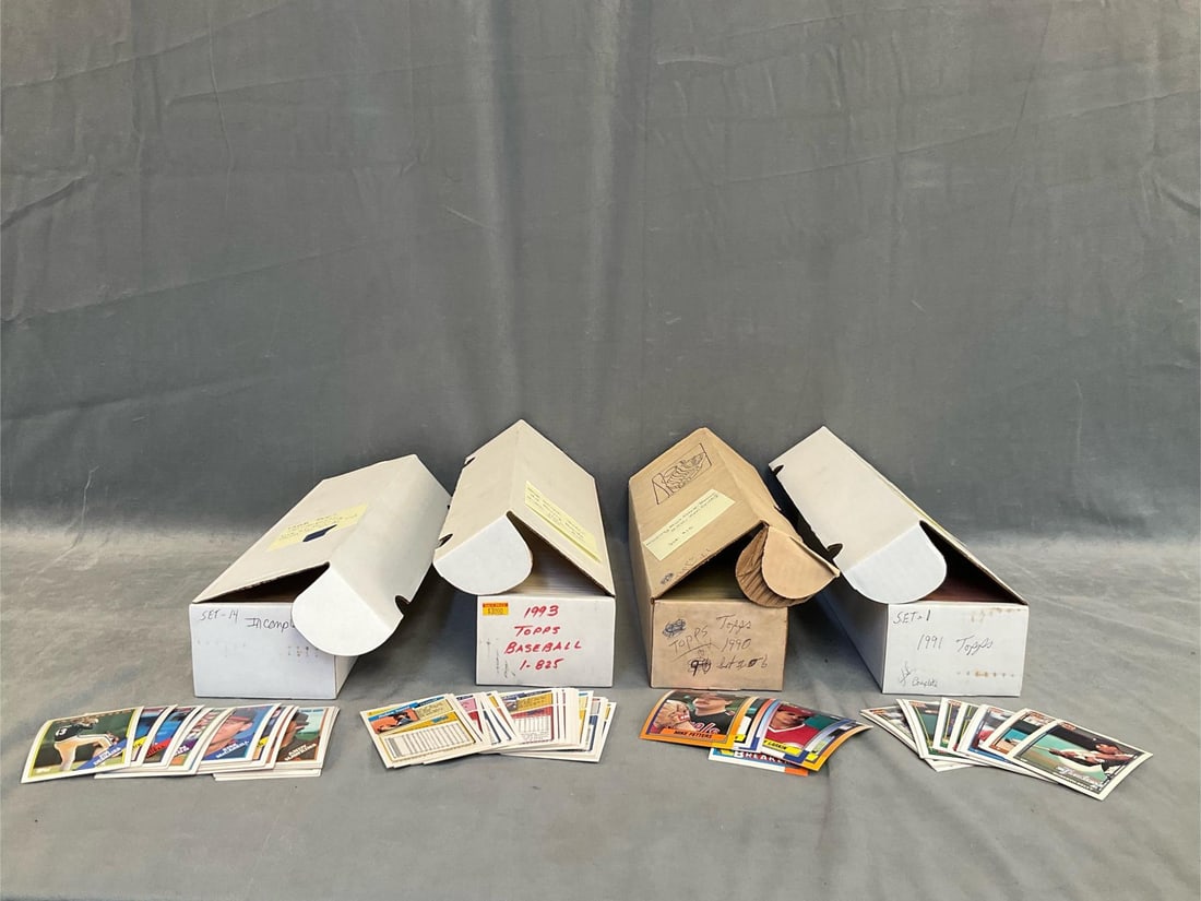 Baseball Cards: Four sets of collectible vintage baseball cards consisting of; 1988 Topps incomplete set with list of missing cards on inside lid. 1993 Topps complete set includes #98 Derek Jeter, #2 Barry Bonds, #70