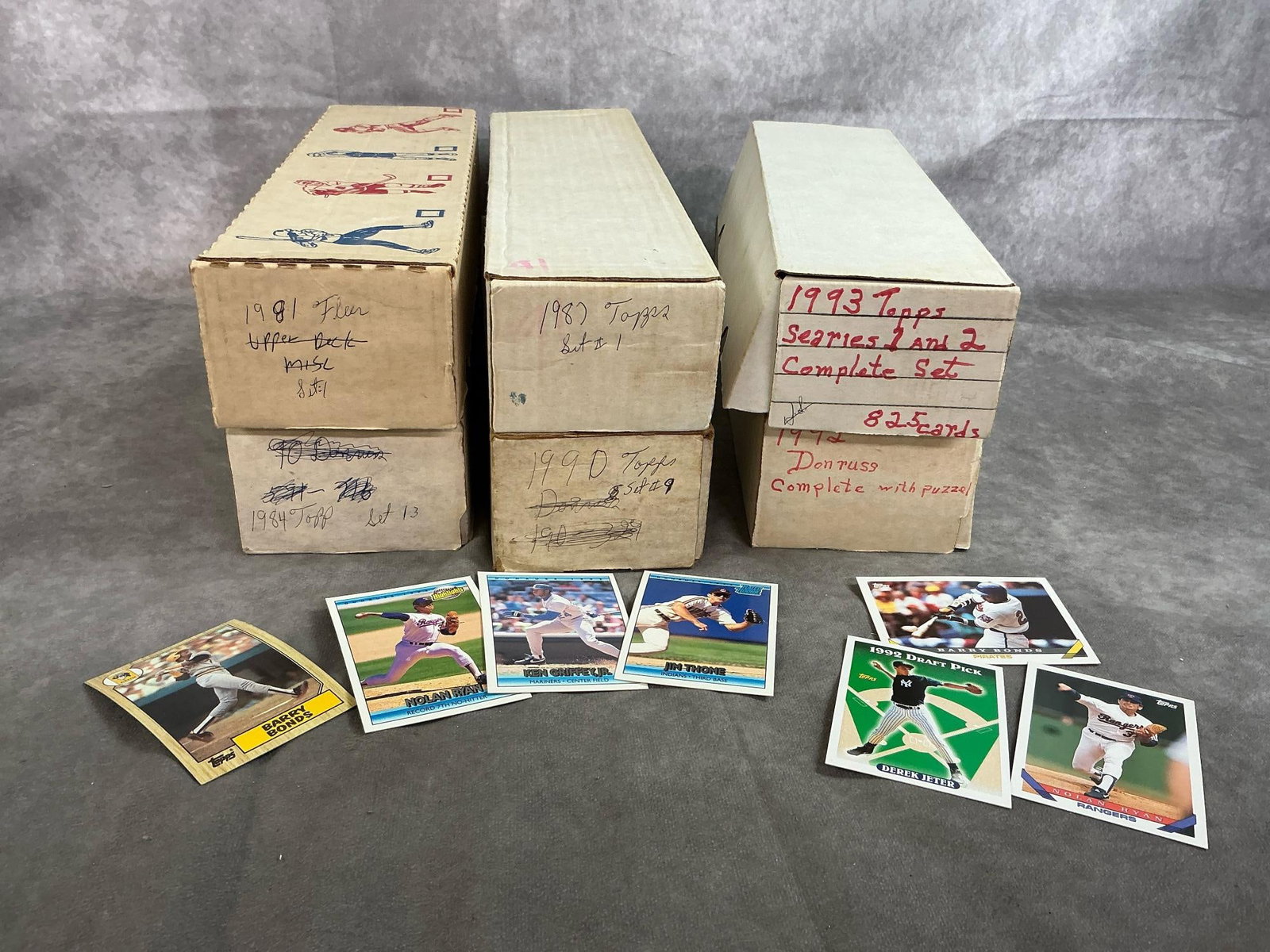 Topps, Fleer, & Donruss Baseball Cards: Six long boxes of baseball cards from 1981-1993. Fleer 1981 set missing #140 Fernando Valenzuela, #574 Ricky Henderson, #481 Kirk Gibson, #57 NolanRyan and #1 Pete Rose. Topps 1984 set is missing #8 D