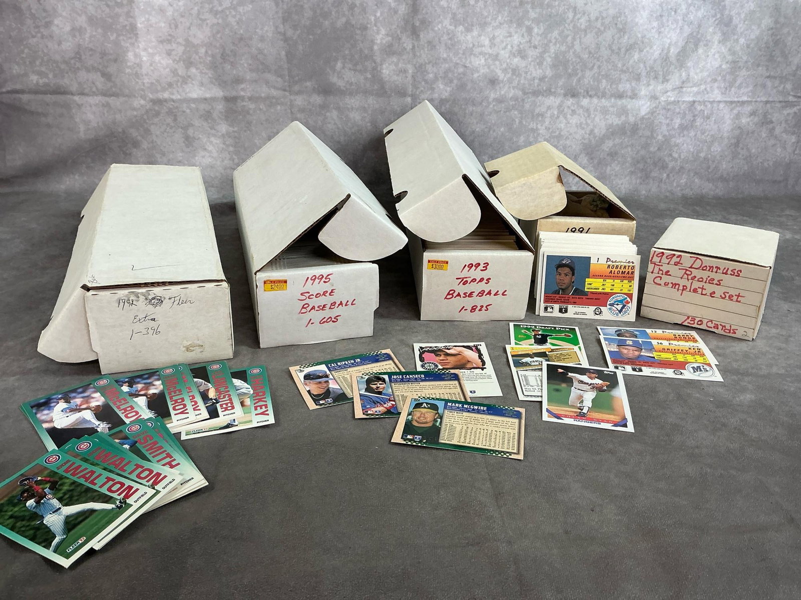 Collection of Baseball Cards: Five sets of ball cards from 1991 through 1995. Complete set of 1991 short box O-Pee-Chee 1-132 Premier includes Barry Bonds and Ken Griffey Jr. Donruss Rookies complete short box set with 130 cards a