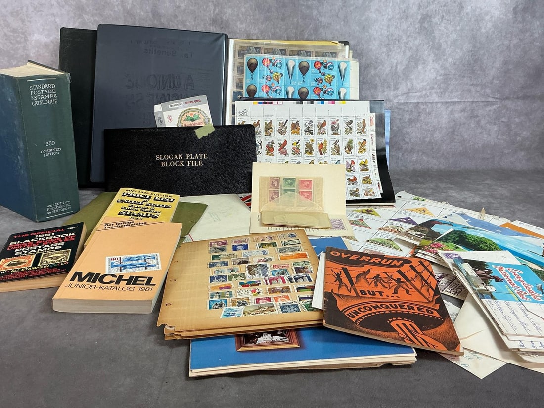 Stamp Collecting: Vintage stamp collecting books, stamps, and postcards. Standard Postage & Stamps Catalogue 1959, Price List 1981 and 1982, mailed postcards, and unused and used stamps. Books and stamps show some wear
