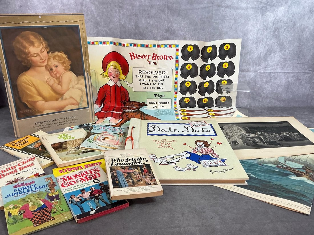 Children's Books, Game Sheet, and More: Thirteen early to mid 1900's books, pictures, and game. Books include The Monkees Go Mod, The Love Bug, The Parent Trap, Chitty Chitty Bang Bang, and more. Includes a Date Scrapbook, a Buster Brown ga
