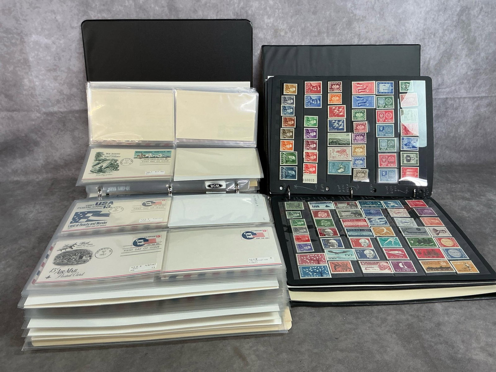 Vintage Air Mail Cards & Norwegian Stamps: 150+ Air Mail cards and Express Mail cards from 1949-2001 in binder. Variety of Norwegian stamps number over 1000 displayed in binder. Includes Norge or Norwegian "Posthorn" series. Most are unused