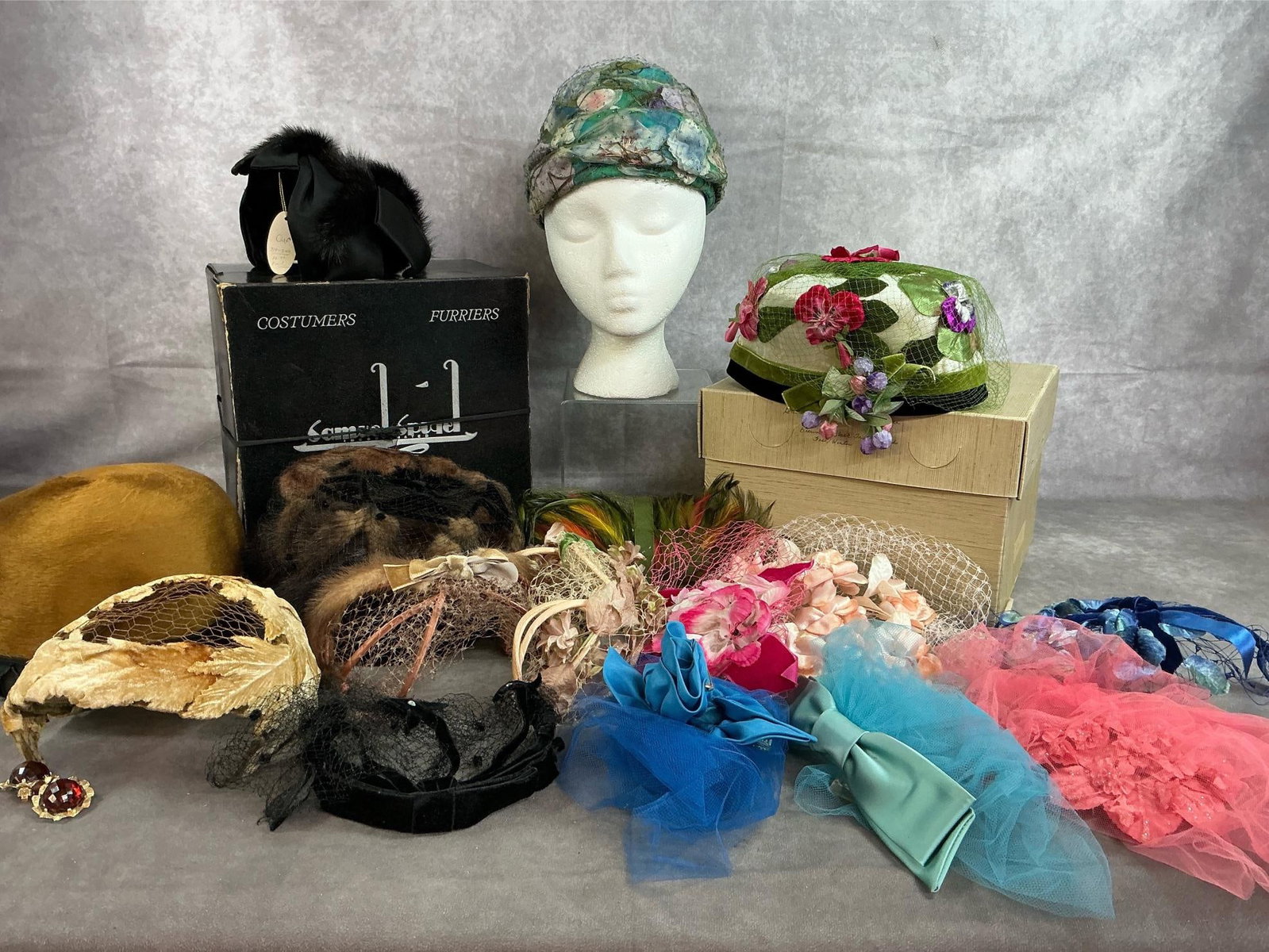Vintage Hats & Fascinators: Four hats and twelve fascinators from mid 1900's. Includes winter hats by Samual Spigel and Hornes of Roanoke. Spring and summer hats by Melinda and Frances Walkenhelkin. Fascinators include