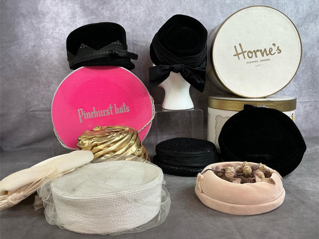 Vintage Hats & Boxes: Eight mid 1900's women's hats and three round boxes. Three black felt, a gold crushed fabric, and a beige open crown winter hat. Two off white summer hats. White hats are slightly yellowed, otherwise