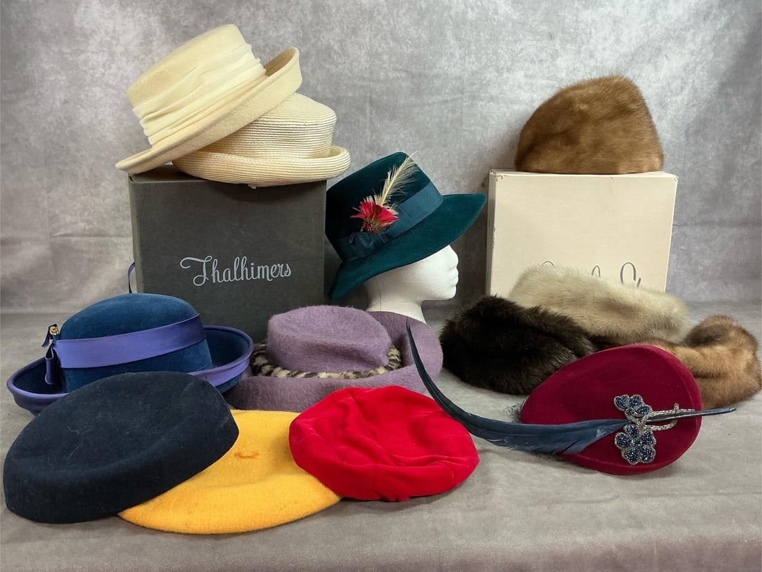 Mink Fur & Felt Hats: Thirteen ladies mid to late 1900's hats. Includes four mink fur winter hats. Three berets, four wide brim felt hats, ivory Liz Claiborne, and wine colored with blue feather and floral appliqué hat. I