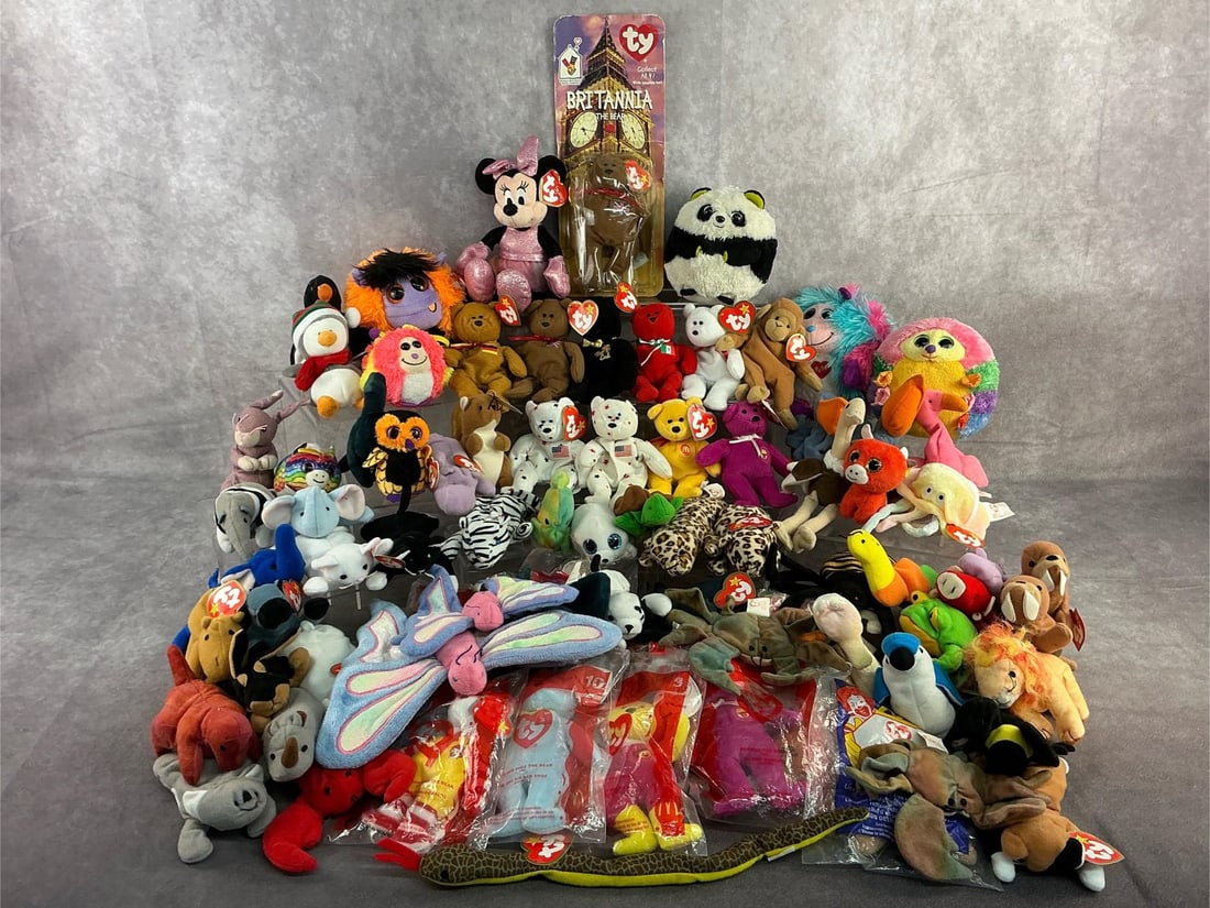 Beanie Babies Collectible Toys: Assorted lot of TY Beanie Babies, Monstaz stuffed toys and more. All in good condition. Orange Frank Monstaz toy measures 8 inches diameter x 5.75 inches tall.