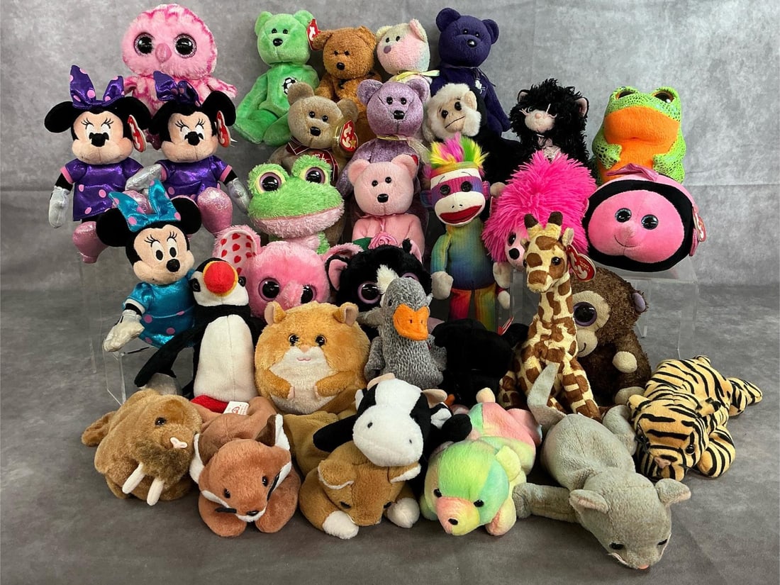 Beanie Babies Collectible Toys: Assorted lot of TY Beanie Babies, Beanie Boos, Beanie Balls collectors toys and more. Pink Rose Beanie Babies has staining on the side, otherwise all in good condition. Ray Speckles Frog measures 5 in