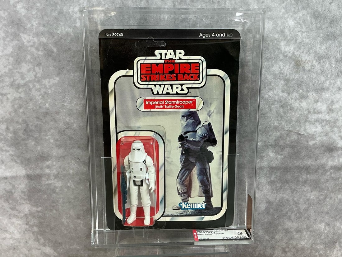 Imperial Snowtrooper 70 EX+ ESB: 1980, 31 Back-A Empire Strikes Back Imperial Stormtrooper/Snowtrooper in Hoth Battle Gear made by Kenner in Hong Kong. AFA graded 70 EX+ with subgrades as follows: C75 B70 F85. Card is unpunched. Case