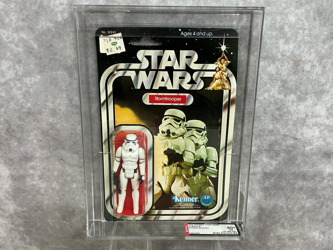 Stormtrooper 80+ NM: 1978, 12 Back-B Star Wars Stormtrooper figure made by Kenner in Hong Kong. AFA graded 80+ NM with subgrades: C80 B80 F85. Case measures 7.25 inches wide x 1.5 x 9.75 inches tall.