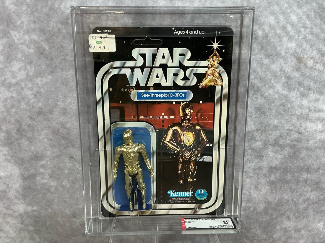 See-Threepio 80 NM C-3PO: 1978, 20 Back-A Star Wars See-Threepio (C-3PO) figure made by Kenner in Hong Kong. AFA graded 80 NM with subgrades: C80 B90 F90. Card is unpunched. Case measures 7.25 inches wide x 1.5 x 9.75 inches