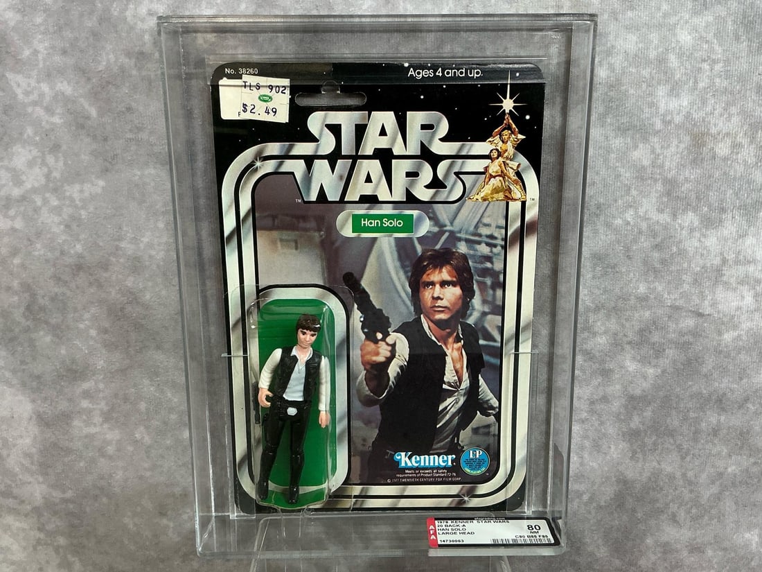 Han Solo Large Head 80: 1978, 20 Back-A Star Wars Han Solo large head variant made by Kenner in Hong Kong. AFA graded 80 NM with subgrades: C80 B85 F85. Case measures 7.25 inches wide x 1.5 x 9.75 inches tall.