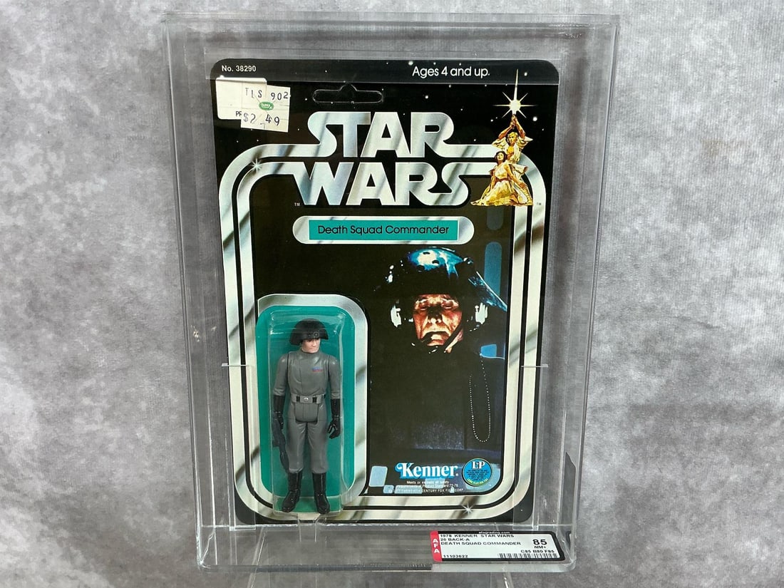 Death Squad Commander 85 NM+: 1978, 20 Back-A Star Wars Death Squad Commander made by Kenner in Hong Kong. AFA graded 85 NM+ with subgrades: C85 B80 F85. Card is unpunched, none higher in population at time of listing. Case
