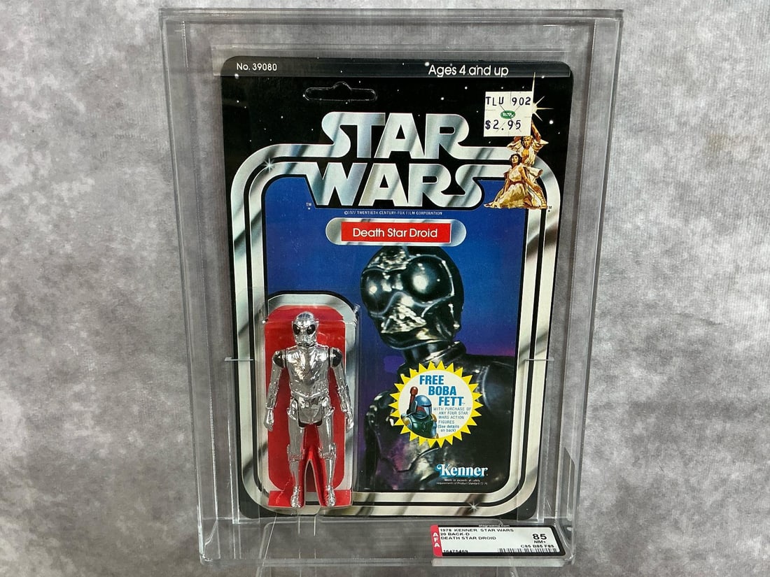 Death Star Droid 85 NM+: 1978, 20 Back-D Star Wars Death Star Droid made by Kenner in Hong Kong. AFA graded 85 NM+ with subgrades C85 B85 F85. None higher in population at time of listing. Card is unpunched. Case measures 7.2