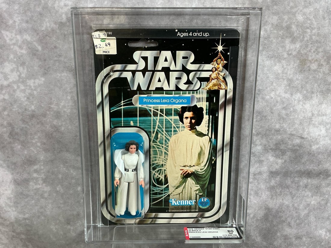 Princess Leia Organa 80 NM: 1978, 20 Back-A Star Wars Princess Leia Organa made by Kenner in Hong Kong. AFA graded 80 NM with subgrades C75 B85 F80. Case measures 7.25 inches wide x 1.5 x 9.75 inches tall.