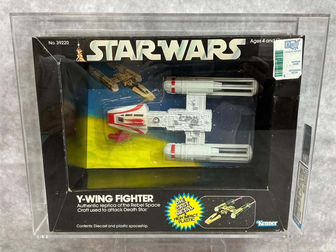 Y-Wing Fighter 70 EX+: 1979 Star Wars diecast Y-Wing Fighter vehicle made by Kenner in Hong Kong. DCA graded 70 EX+ with subgrades: B70 W85 V80. Case measures 12.25 inches wide x 3.25 x 9.5 inches tall.