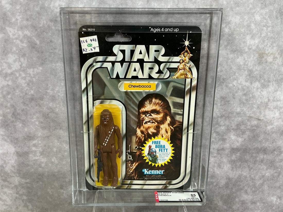 Chewbacca BF Offer 85 NM+: 1978, 20 Back-C with rare Boba Fett offer Star Wars Chewbacca made by Kenner in Hong Kong. AFA graded 85 NM+ with subgrades: C80 B85 F85. None higher in population at time of listing. Case measures 7.