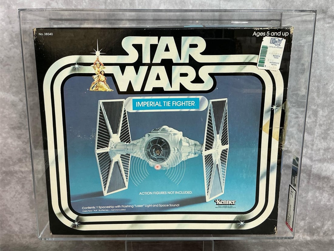 Imperial Tie Fighter 75+ EX+/NM: 1979 Star Wars Imperial Tie Fighter with no LP logo, made by Kenner in U.S.A. AFA graded 75+ EX+/NM. Only four in population at grade level at time of listing. Case measures 14.25 inches wide x 4.75