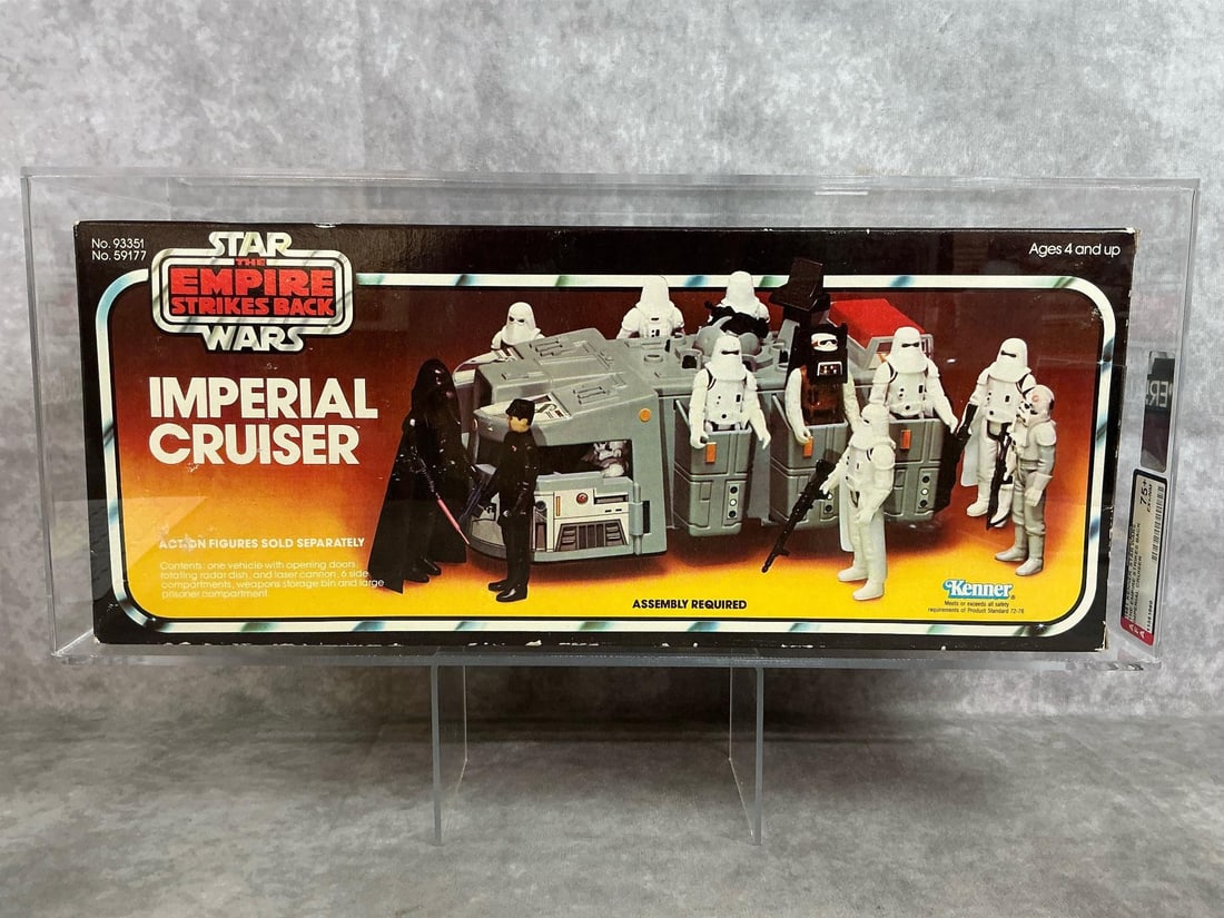 Imperial Cruiser 75+ EX+/NM ESB: 1981 Imperial Cruiser from The Empire Strikes Back made by Kenner. AFA graded 75+ EX+/NM. Only one in population at grade level at time of listing. Case measures 16.25 inches wide x 5.5 x 7 inches