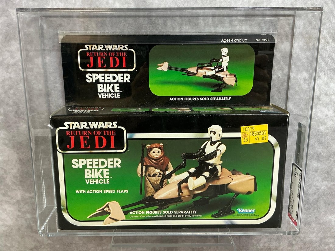 Speeder Bike Vehicle 80+ NM ROTJ: 1983 Return of the Jedi Speeder Bike Vehicle made by Kenner in Taiwan. AFA graded 80+ NM. Case measures 10.75 inches wide x 2.5 x 8.75 inches tall.
