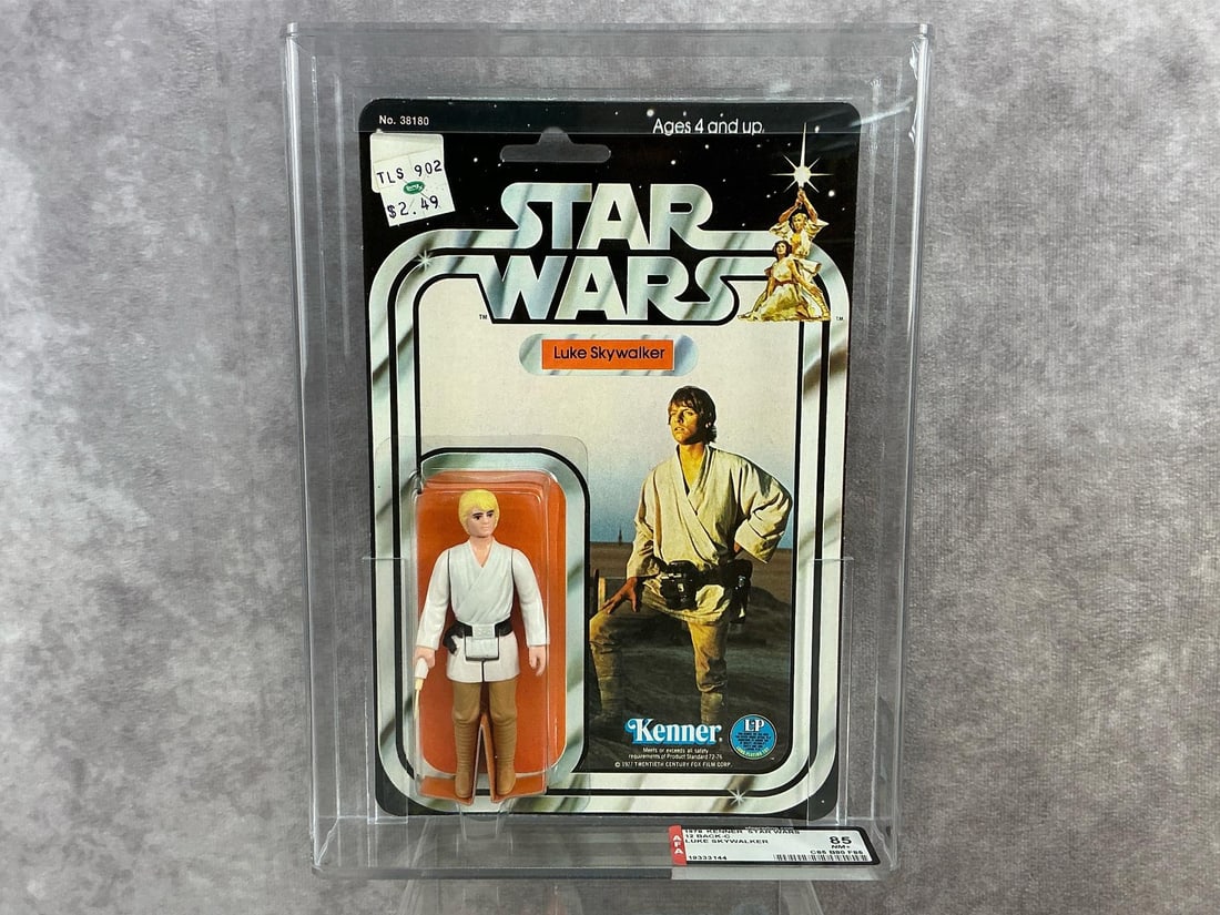 Luke Skywalker 85 NM+: 1978, 12 Back-C Star Wars Luke Skywalker made by Kenner in Hong Kong. AFA graded 85 NM+ with subgrades: C85 B80 F85. Case measures 7.25 inches wide x 1.5 x 9.75 inches tall.