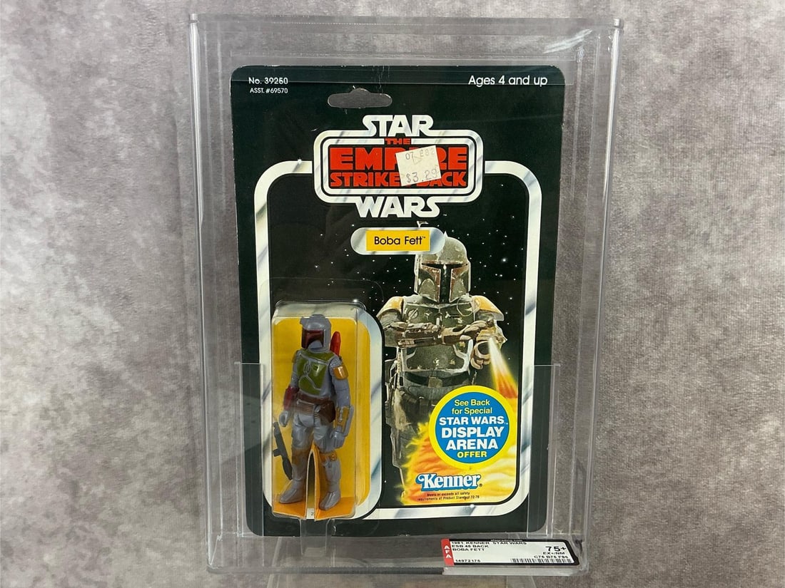 Boba Fett ESB 75+ EX+/ NM: 1981, 45 back, Boba Fett Empire Strikes Back made by Kenner in Hong Kong. AFA graded 75 EX+/NM with subgrades C75 B75 F85. Case measures 7.25 inches wide x 1.5 x 9.75 inches tall.