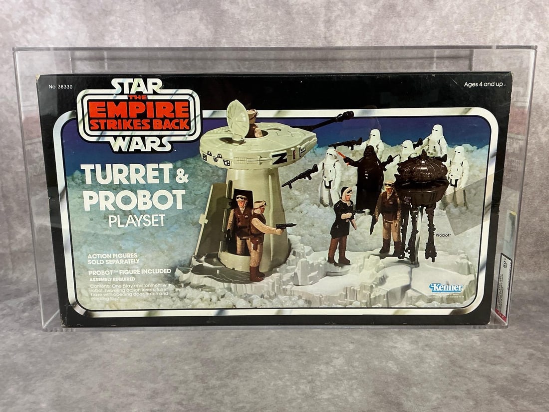 Turret & Probot Playset ESB 80+ NM: 1981 Empire Strikes Back Turret and Probot playset made by Kenner in the USA. AFA graded 80+ NM. Only 3 in population at grade level at time of listing. Case measures 17.75 inches wide x 5.75 x 10.25