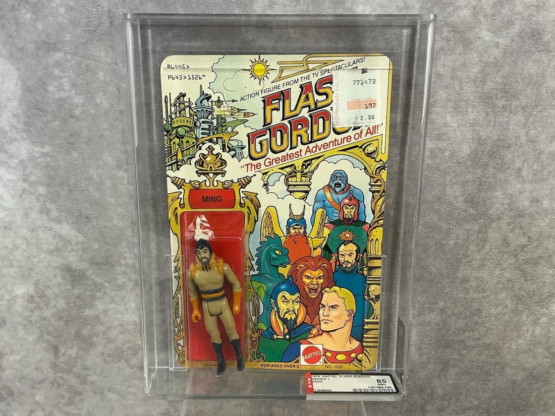 Ming Flash Gordon 85 NM+: 1979 series one Flash Gordon Ming figure made by Mattel in Hong Kong. AFA graded 85 NM+ with subgrades: C80 B85 F85. None graded higher in population at time of listing. Card is unpunched. Case