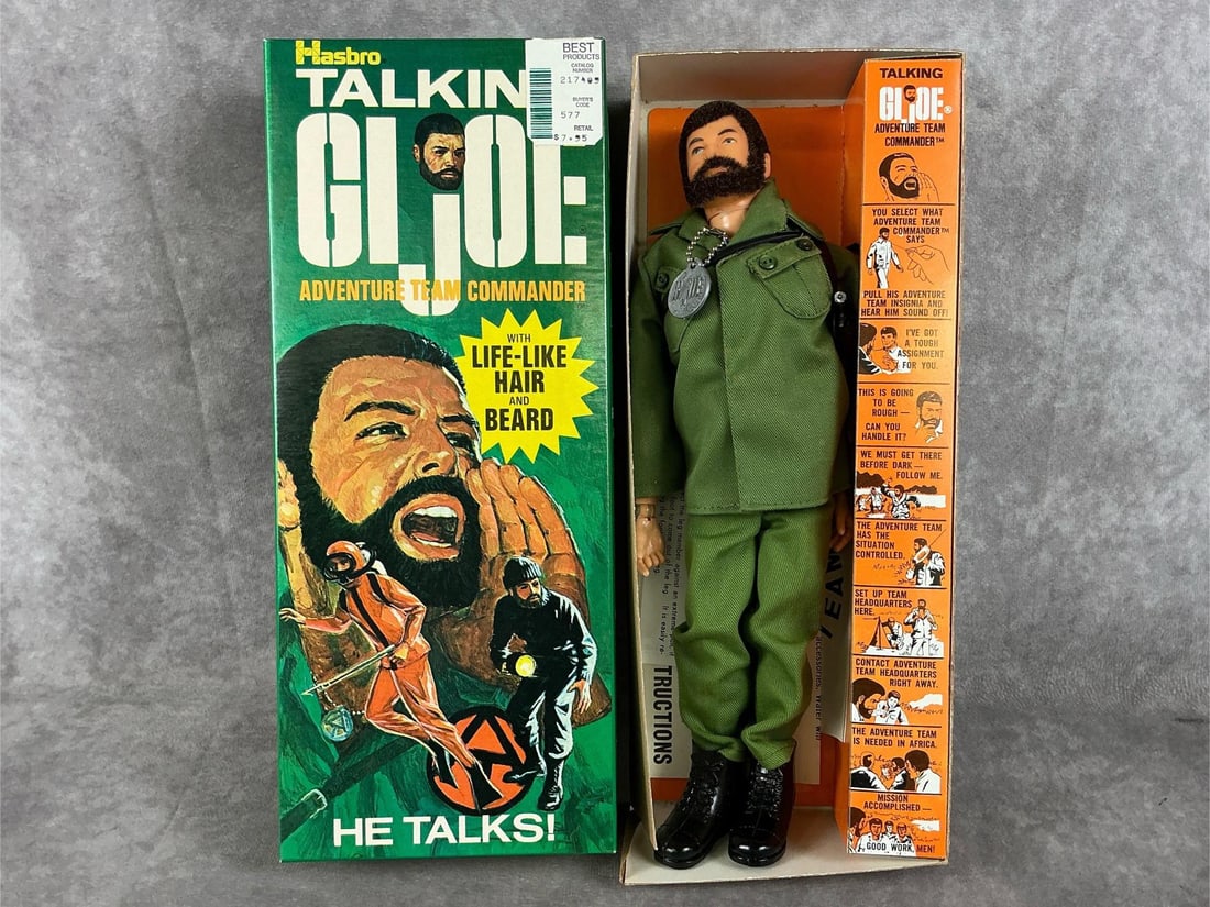 Talking GI Joe: 1970 12 inch Adventure Team talking G.I. Joe in original box with paperwork and accessories. Made by Hasbro in the British Crown Colony of Hong Kong. Pull string and voice box still work. Some