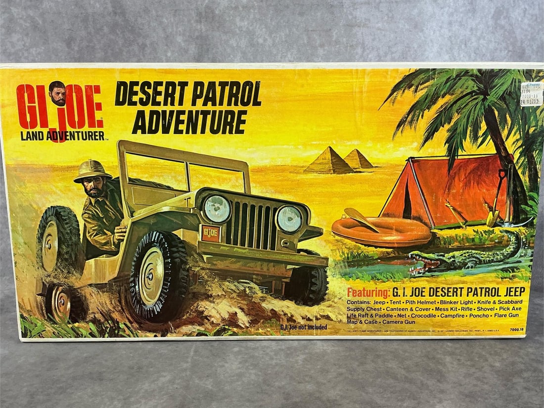 Desert Patrol Jeep: 1971 G.I. Joe Desert Patrol Jeep sealed in original box, made by Hasbro. Includes Jeep, tent, knife and scabbard, and more. Some water stains to bottom of box, otherwise good condition. Box measures