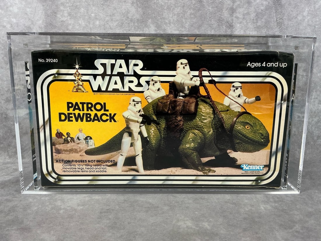 Patrol Dewback 75+ EX+/NM: 1979 Star Wars Patrol Dewback made by Kenner. AFA graded 75+ EX+/NM. Case measures 12.75 inches long x 5 x 7 inches tall.