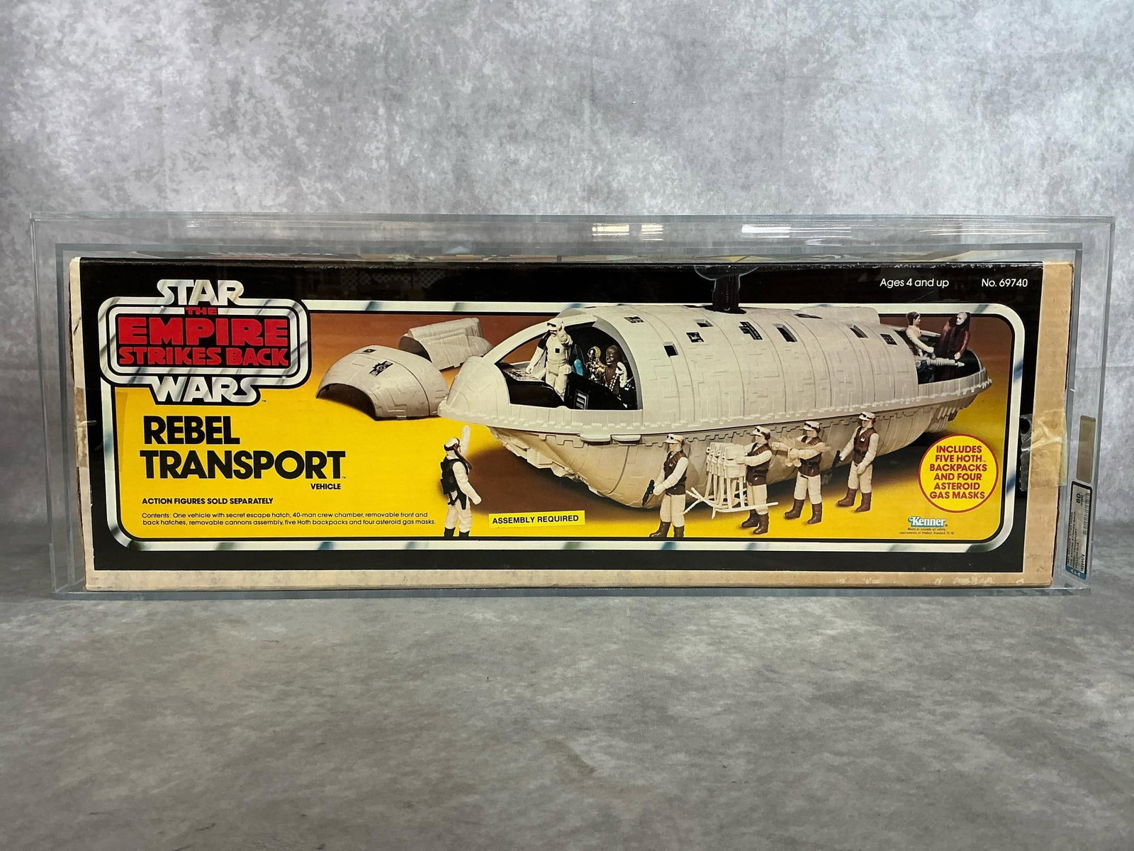 Rebel Transport Vehicle ESB 80 Q-NM: 1982 Star Wars Empire Strikes Back, yellow box Rebel Transport Vehicle, made by Kenner in Hong Kong. AFA graded 80 Q-NM. Case measures 27 inches long x 8.75 x 9.75 inches tall.