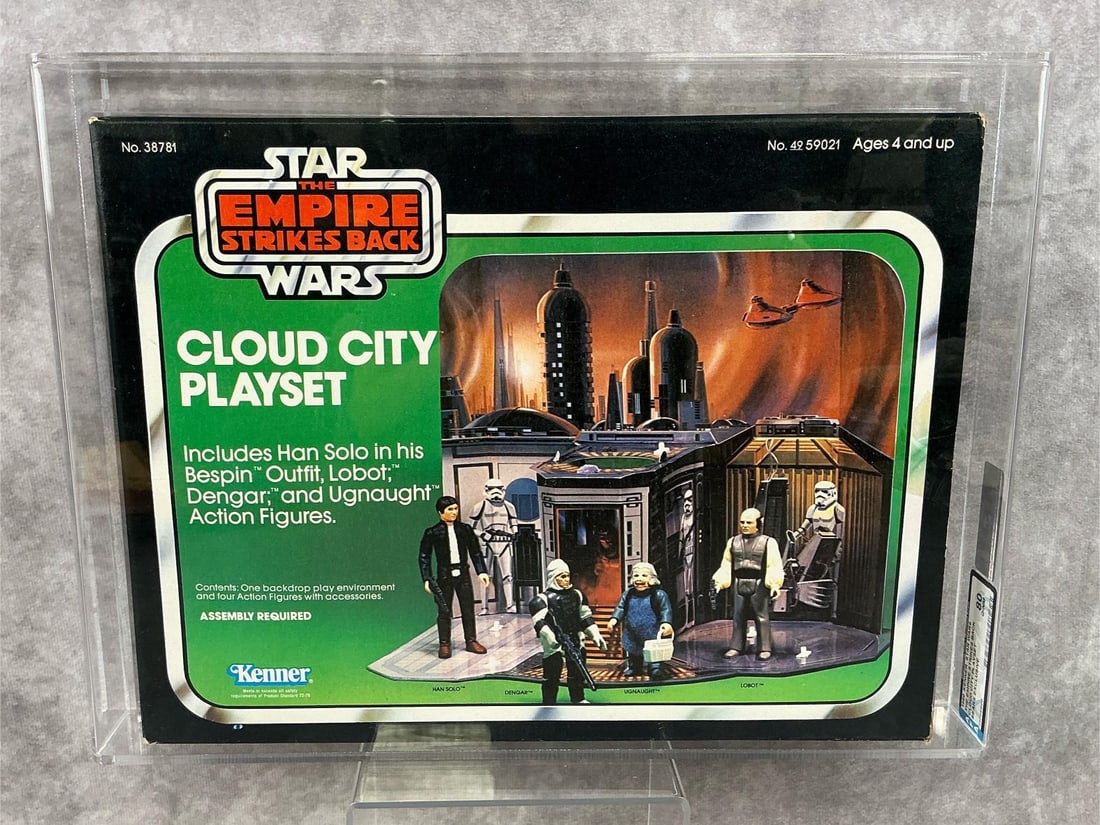 Cloud City Playset 80 Q-NM: 1980 Sears Exclusive Cloud City Playset, Star Wars Empire Strikes Back made by Kenner. AFA graded 80 Q-NM. Case measures 13.75 inches wide x 2 x 10.25 inches tall.