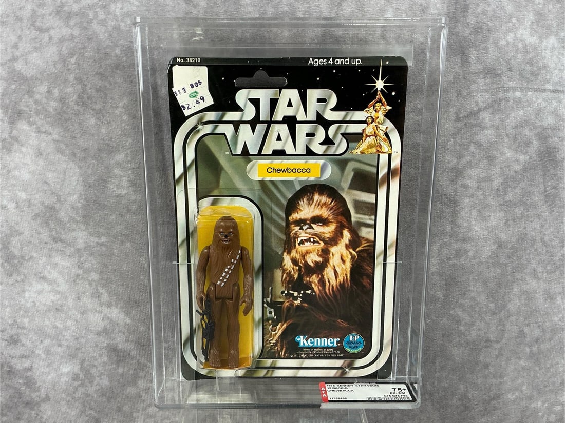 Chewbacca 75 EX+/NM: 1978, 12 Back-B Star Wars Chewbacca made by Kenner in Hong Kong. AFA graded 75+ EX+/NM with subgrades C75 B75 F85. Case measures 7.25 inches wide x 1.5 x 9.75 inches tall.